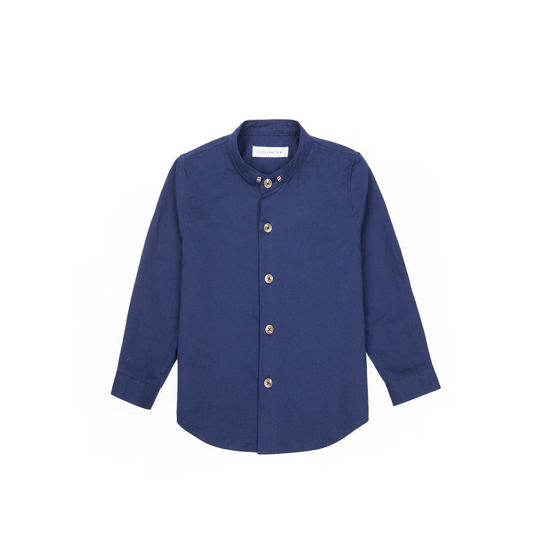 Grosgrain Band Collar Long Sleeve Shirt - Rich Blue