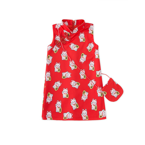 Lunar Fortune Cat Cheongsam - Red