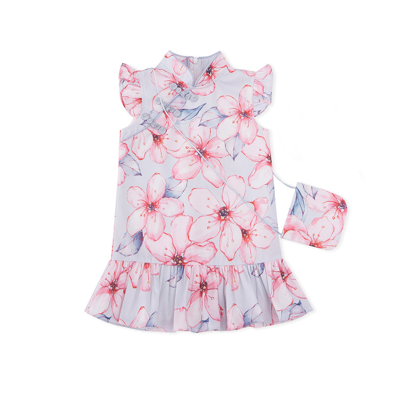 Cherry  Flutter Sleeve Cheongsam - Blue