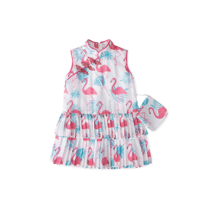 Double Pleated Flamingo Cheongsam - White